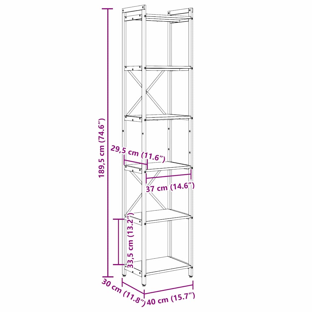 Bokhylle Sonoma eik 40 x 30 x 188 cm Konstruert tre