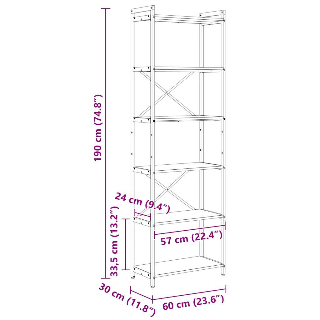Bokhylle Sonoma eik 60 x 30 x 188 cm Konstruert tre