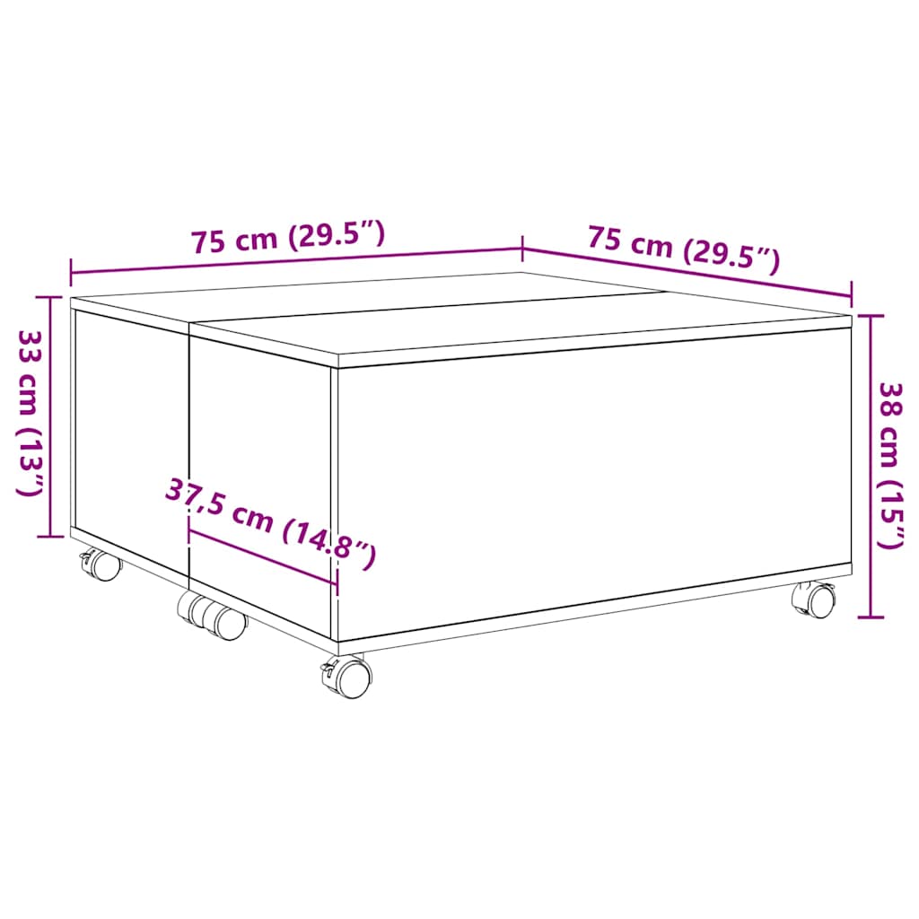 Salongbord Sofabord Gammelt Tre med hjul med lagring 75 x 75 x 38 cm