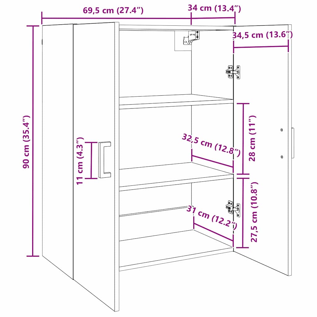 Veggskap Gammelt Tre 2 stk 69.5 x 34 x 90 cm
