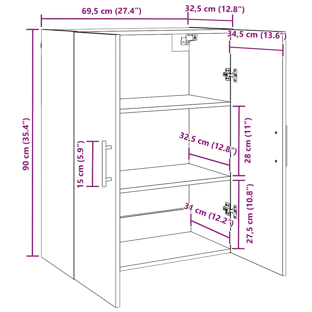Veggskap Gammelt Tre 2 stk 69.5 x 34 x 90 cm