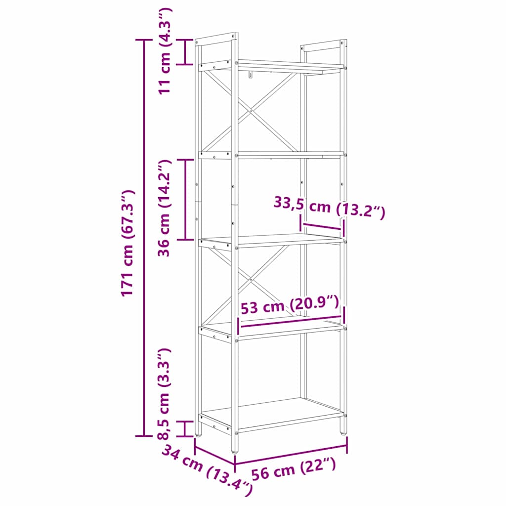 Bokhylle Sonoma eik 56 x 34 x 171 cm Konstruert tre