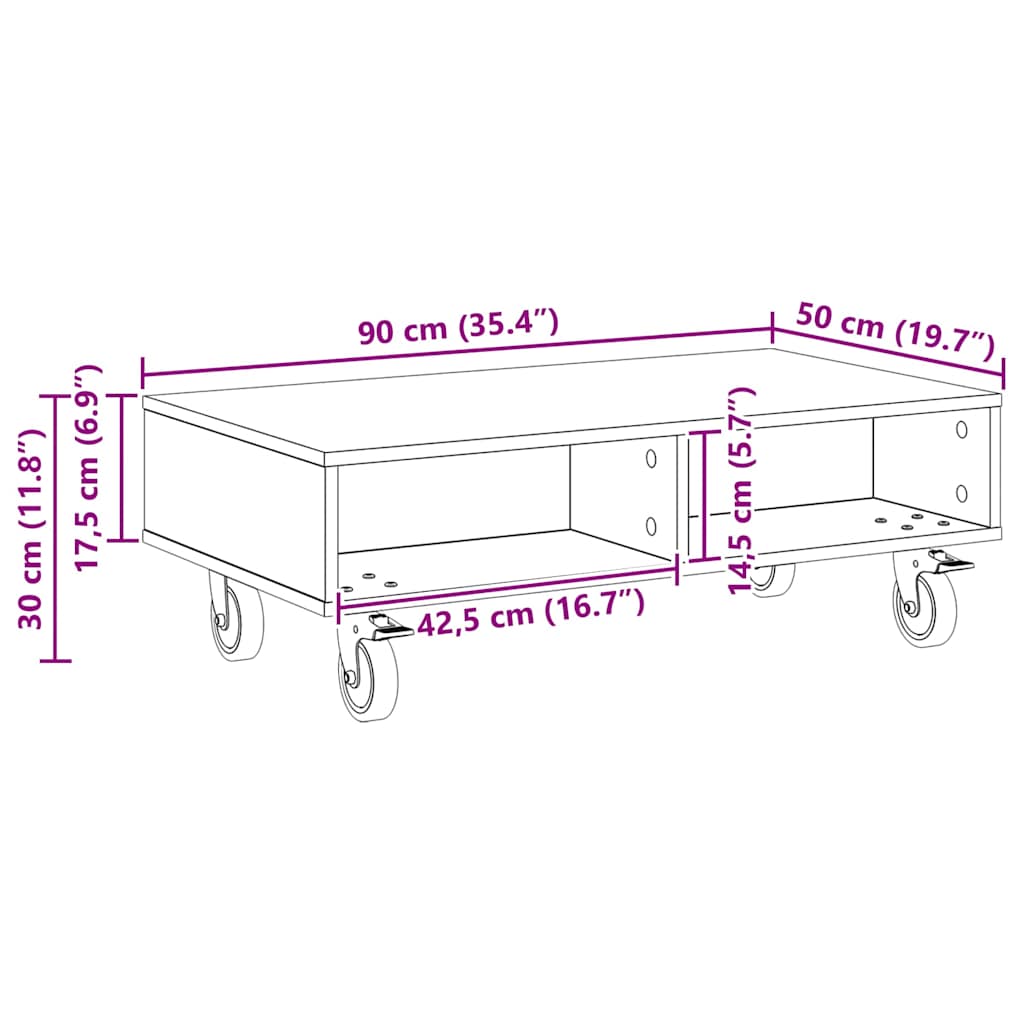 Salongbord Sofabord Artisan Eik med hjul 90 x 50 x 30 cm
