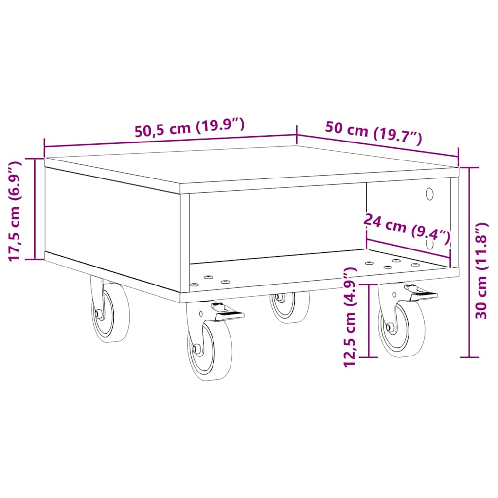 Sidebord med hjul Gammelt Tre 50,5 x 50 x 30 cm