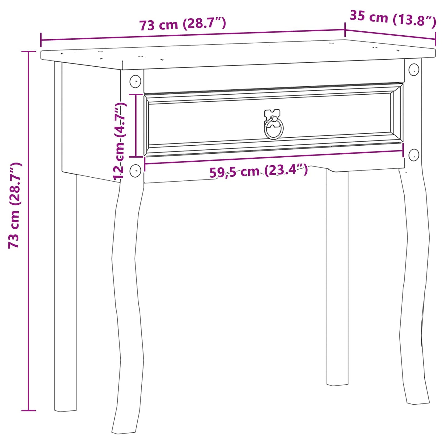 Avlastningsbord Konsollbord Hvit med skuff 73 x 35 x 73 cm Massiv furu