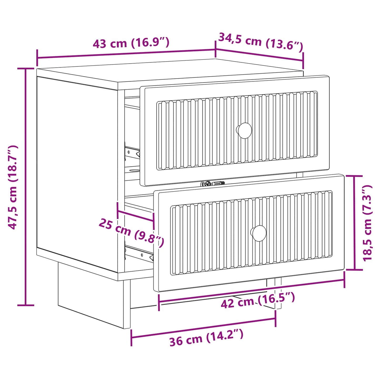 Nattbordskap med skuff 2 pcs Gammelt tre 43 x 34,5 x 47,5 cm
