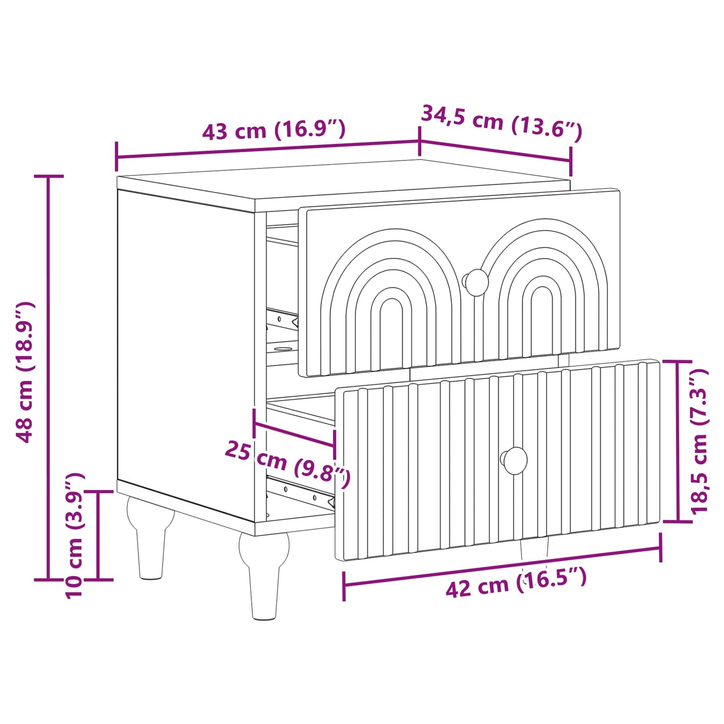 Nattbordskap med skuff 2 pcs Høgglans hvit 43 x 34,5 x 48 cm