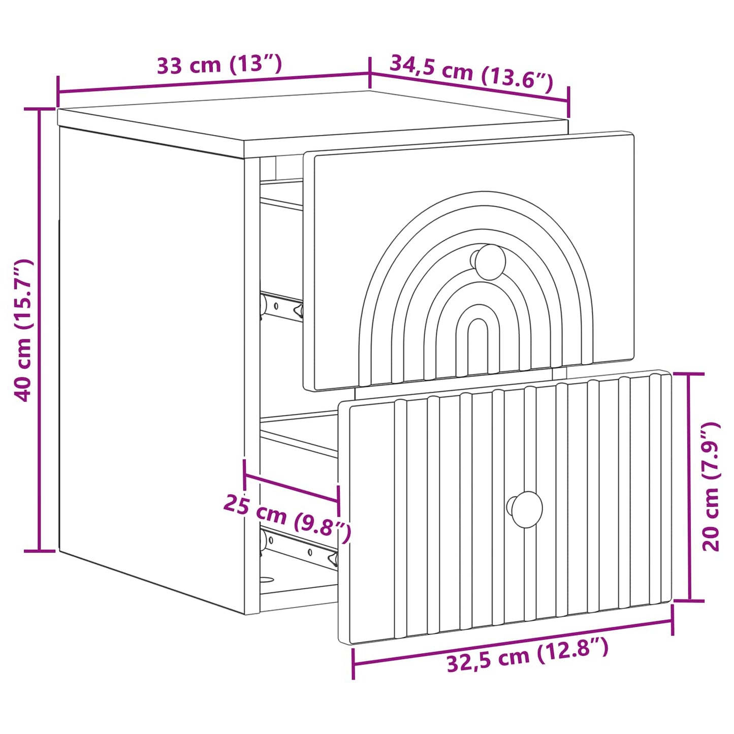 Vegghengt Nattbord med skuff 2 pcs Betonggrå 33 x 34,5 x 40 cm