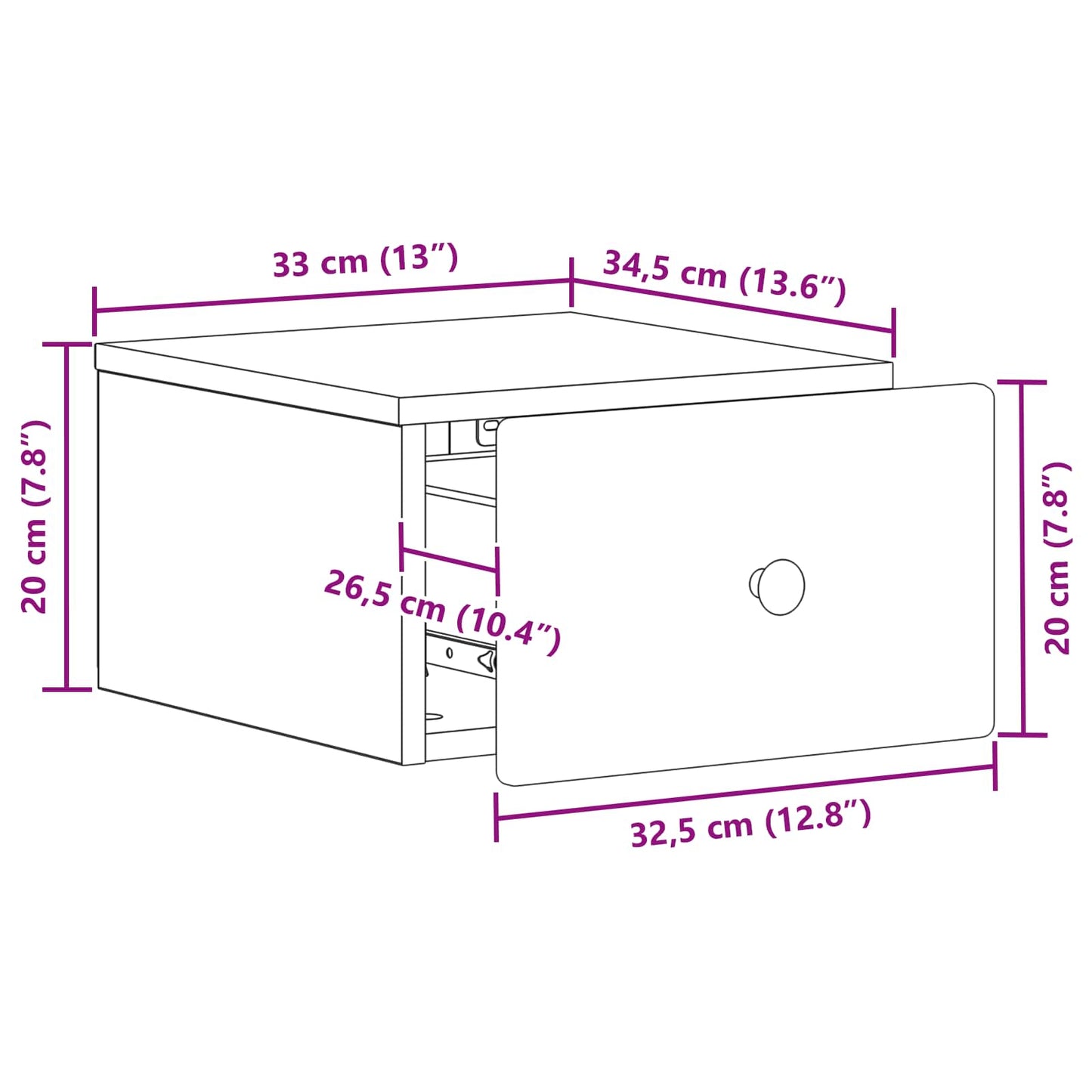 Vegghengt Nattbord med skuff 2 pcs Betonggrå 34,5 x 33 x 20 cm