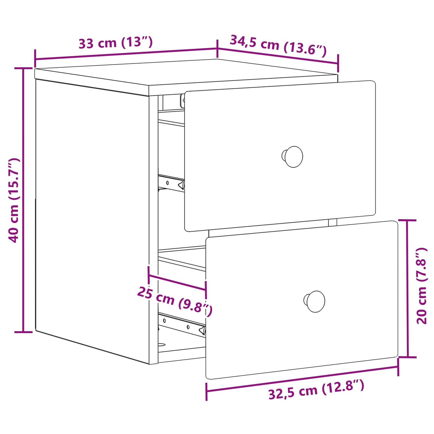 Vegghengt Nattbord med skuff 2 pcs Grå sonoma 34,5 x 33 x 40 cm