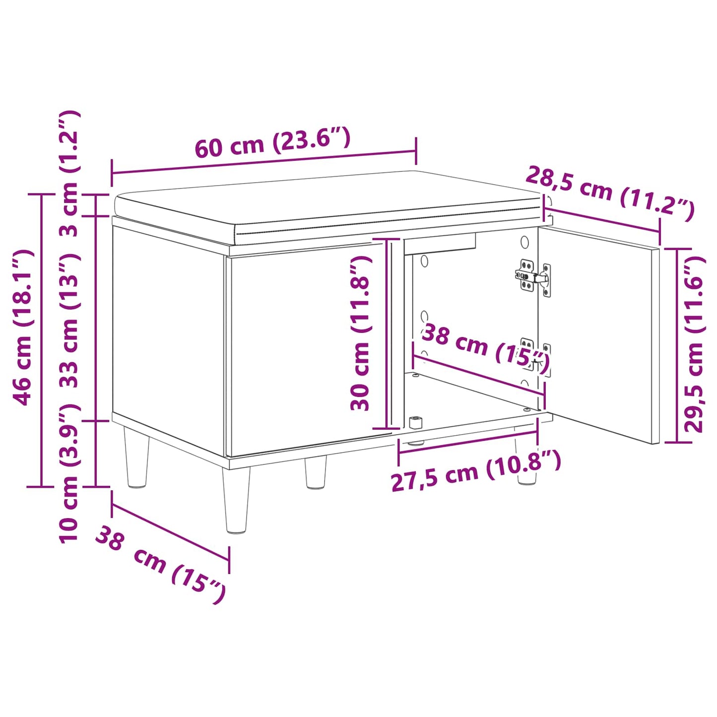 Gangbenk Hvit 60 x 38 x 46 cm Konstruert treverk og stoff