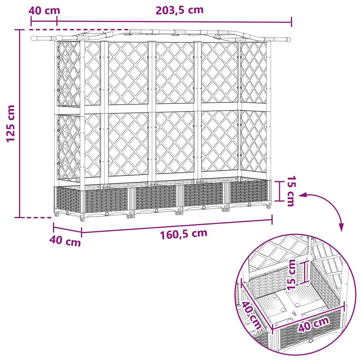 Hevet Bed med Trellis og Tak Brun 203,5 x 40 x 125 cm PP