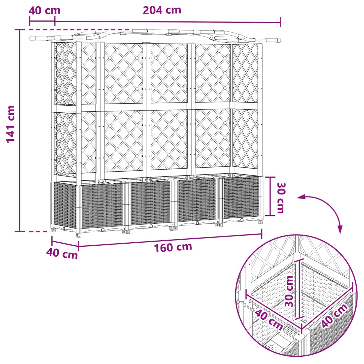 Hevet Bed med Trellis og Tak Brun 204 x 40 x 141 cm PP