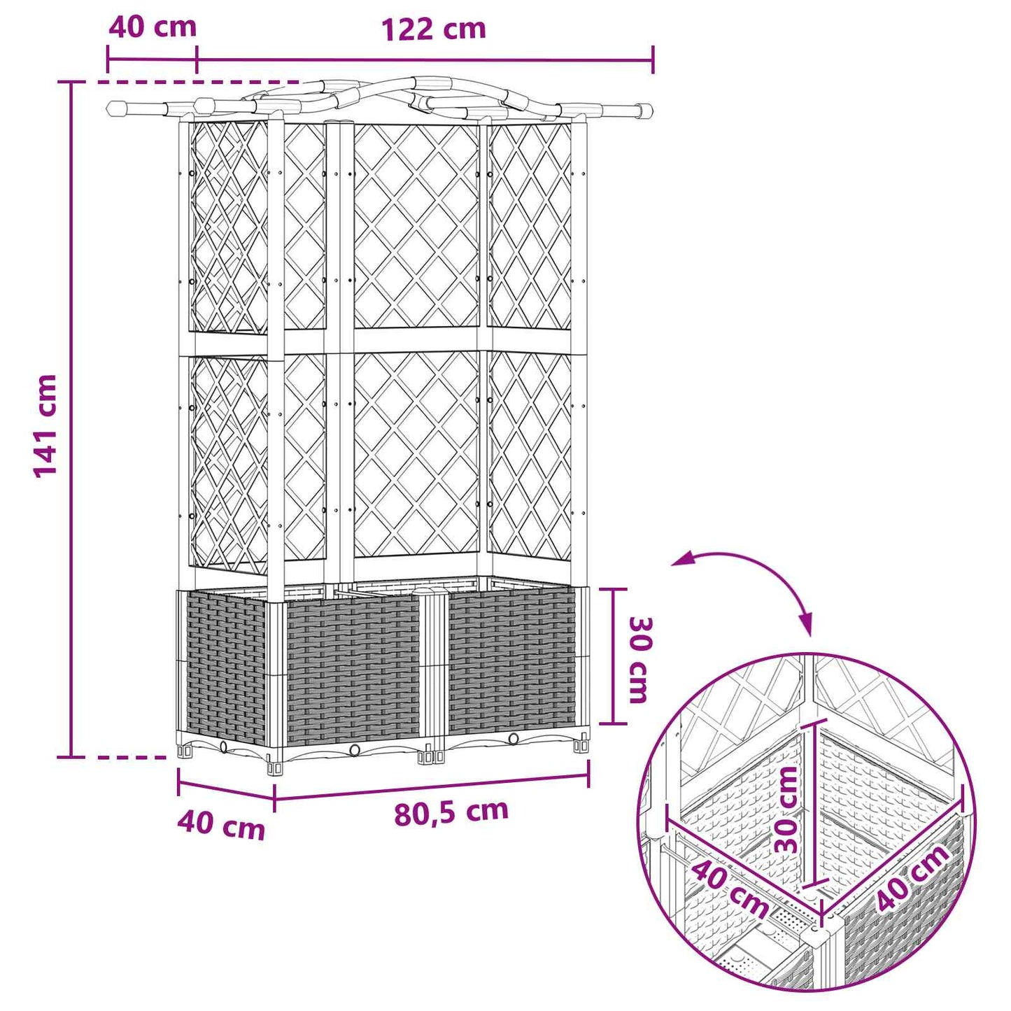 Hevet Bed med Trellis og Tak Svart 122 x 40 x 141 cm PP