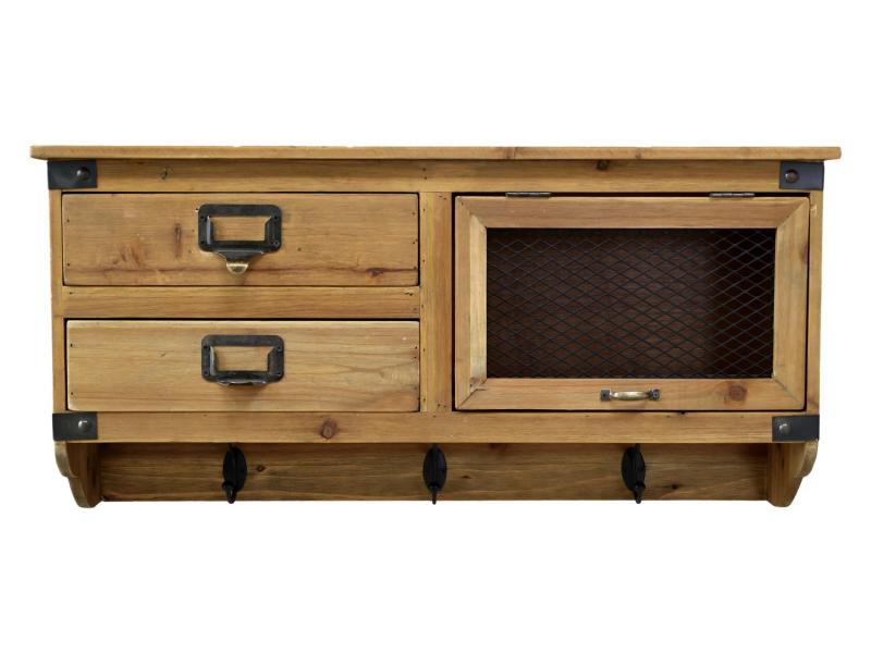 Vegghylle med 2 skuffer og 3 kroker H34/L70/B16,5 cm natur