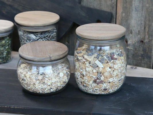 Dekorativ Flaske Krukke  Oppbevaringsglass trelokk H8.6 / Ø11 cm klart