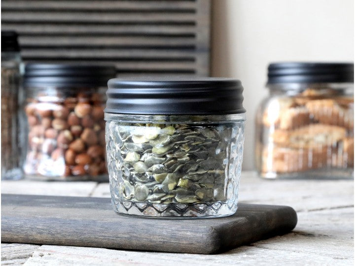 Dekorativ Flaske Krukke Oppbevaringsglass mønster og svart lokk H9 / Ø8 cm