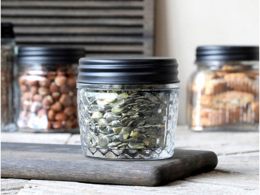 Dekorativ Flaske Krukke Oppbevaringsglass mønster og svart lokk H9 / Ø8 cm