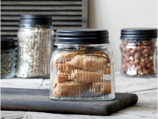 Dekorativ Flaske Krukke  Oppbevaringsglass spor og svart lokk H11,5 / Ø13,5 cm