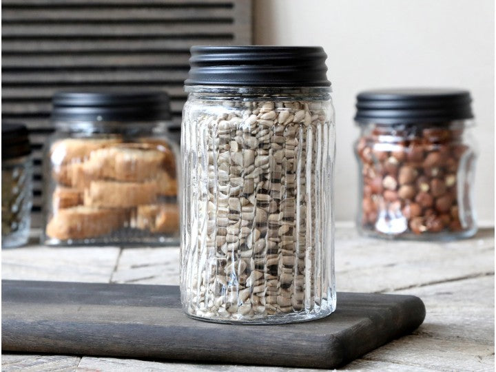 Dekorativ Flaske Krukke  Oppbevaringsglass spor og svart lokk H14 / Ø8 cm