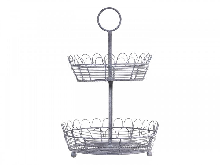 Dekorativt Fat Brett Etagefat m. 2 fil de fer kurve H46 / Ø31 cm antikk sink