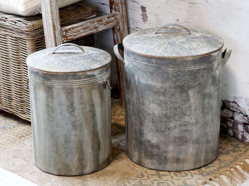 Dekorativ Kanne Bøtte med lokk 2-pakk antikk sink H49/D36 cm