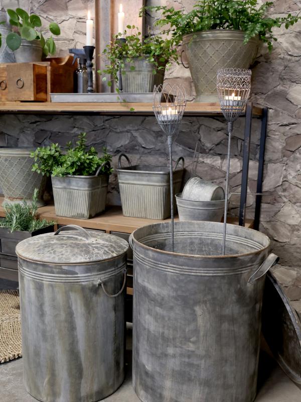 Dekorativ Kanne Bøtte med lokk 2-pakk antikk sink H49/D36 cm
