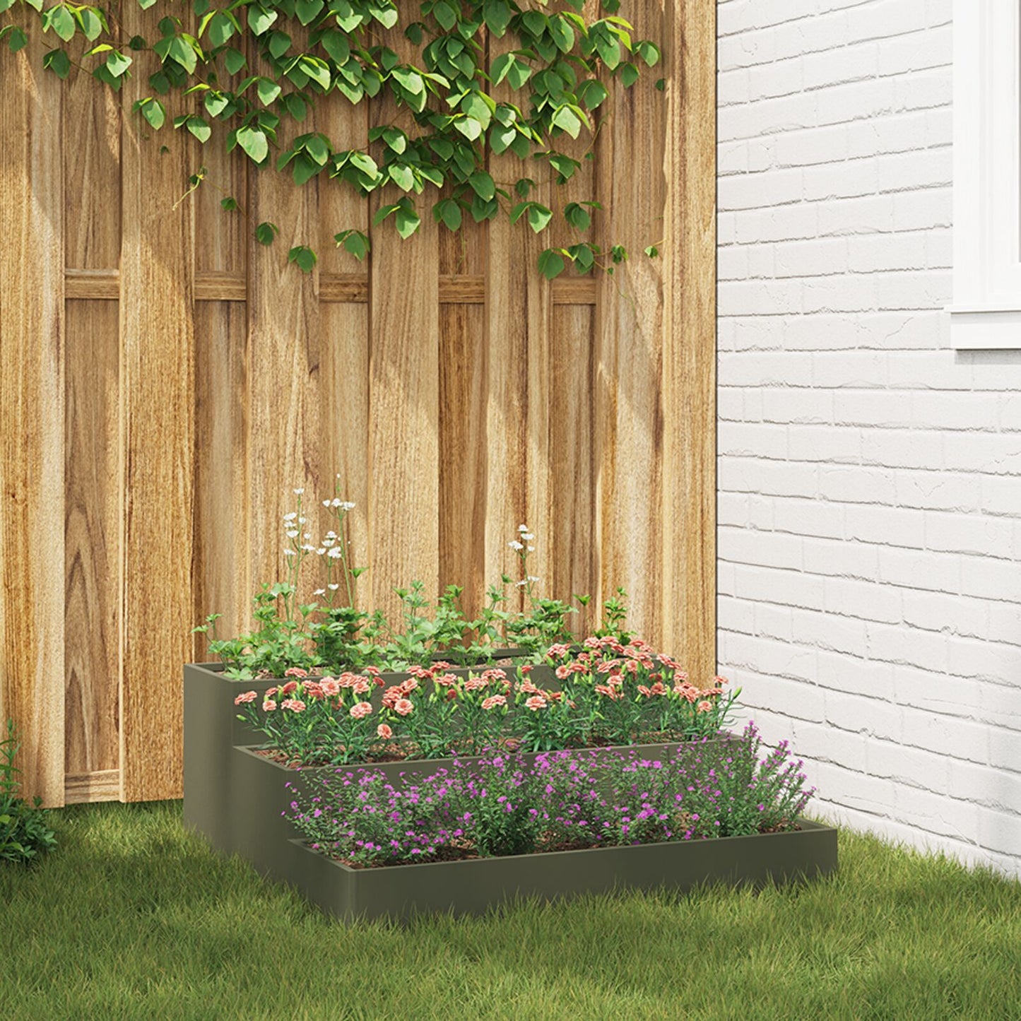 Utendørs Blomsterkasse Plantekasse Metall 3-nivå 90x90x35 cm oliven grønn stål
