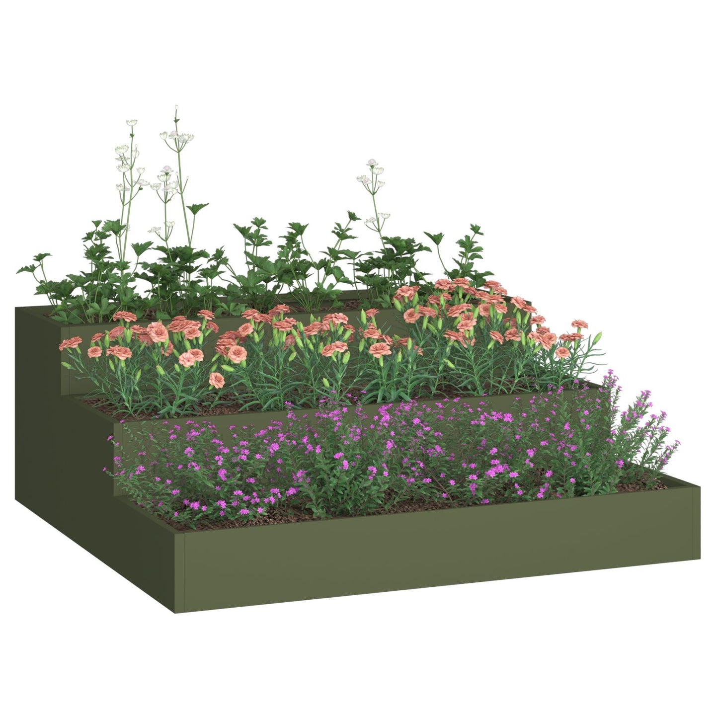 Utendørs Blomsterkasse Plantekasse Metall 3-nivå 90x90x35 cm oliven grønn stål