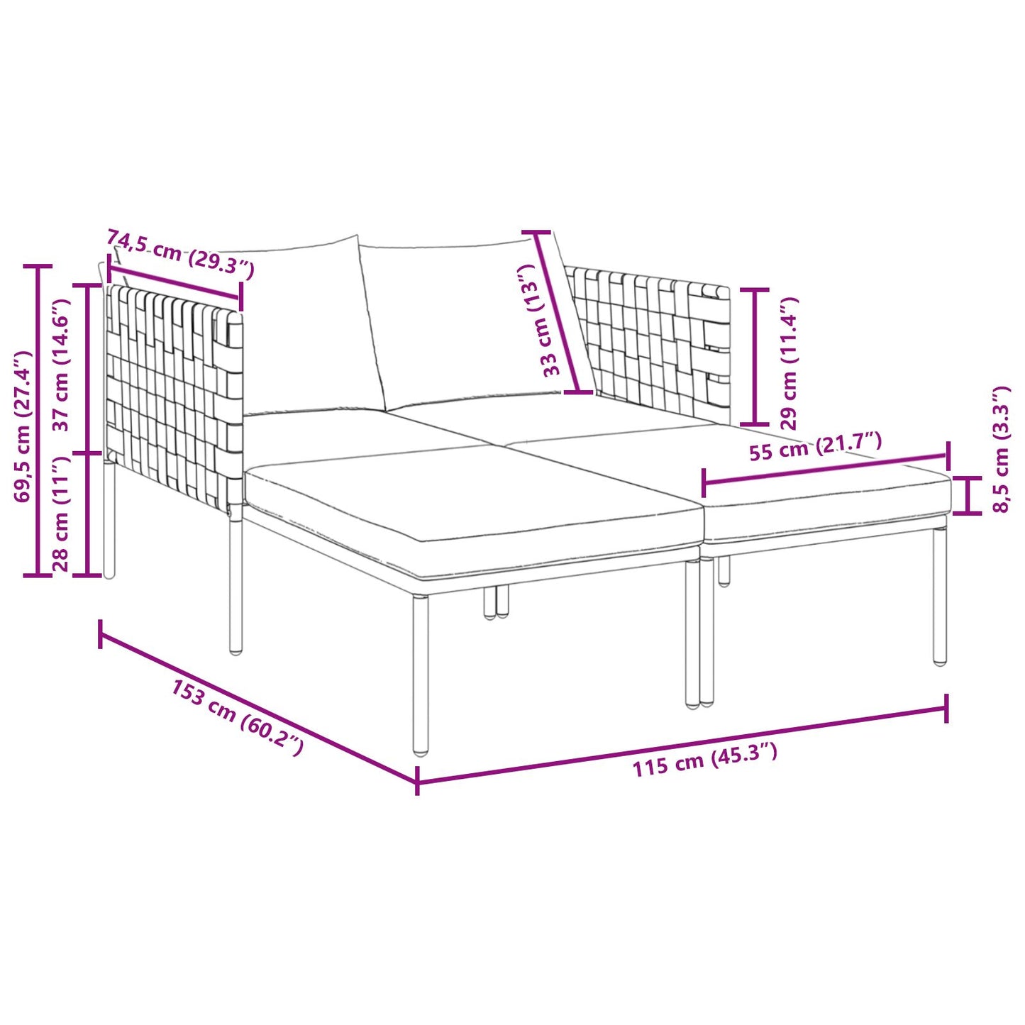 Solseng Metall med puter for 2 personer Anthracite 115x153x69,5 cm Stål