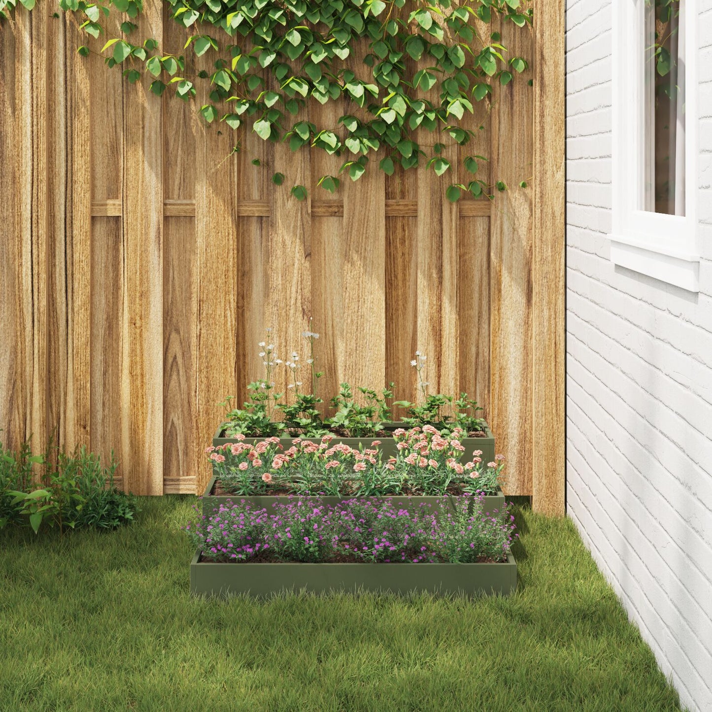 Utendørs Blomsterkasse Plantekasse Metall 3-nivå 90x90x35 cm oliven grønn stål
