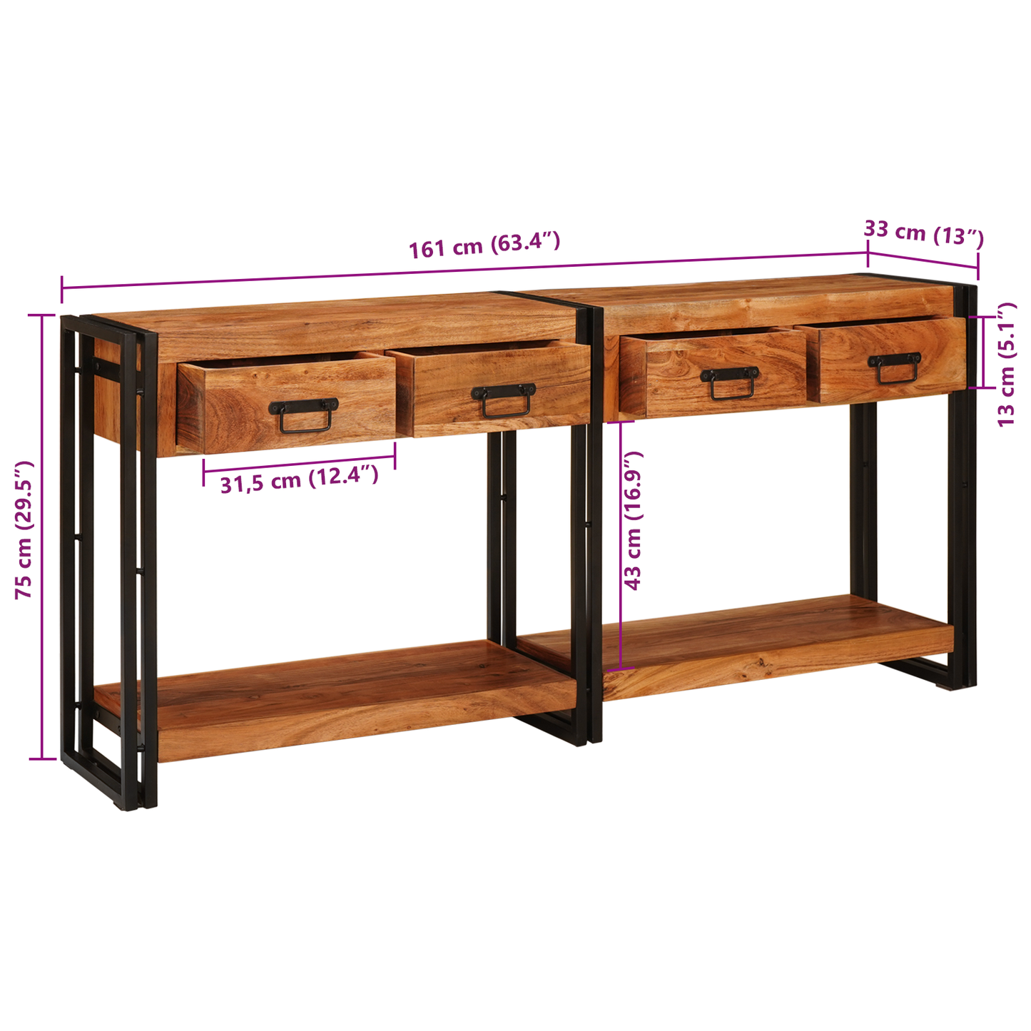 Avlastningsbord konsollbord Tre 2 stk Brun 160 x 33 x 75 cm Massivt akasietre