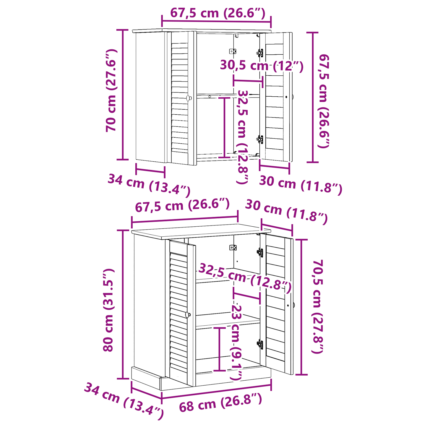 Baderomsinnredningssett med hylle 2 pcs Brun 67,5 x 34 x 80 cm