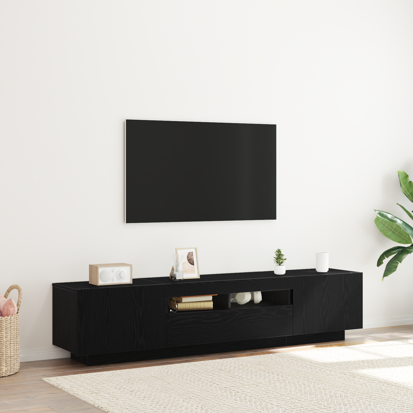 TV-Møbel Svart Eik TV-benk med LED-belysning,, 180x35x40 cm,