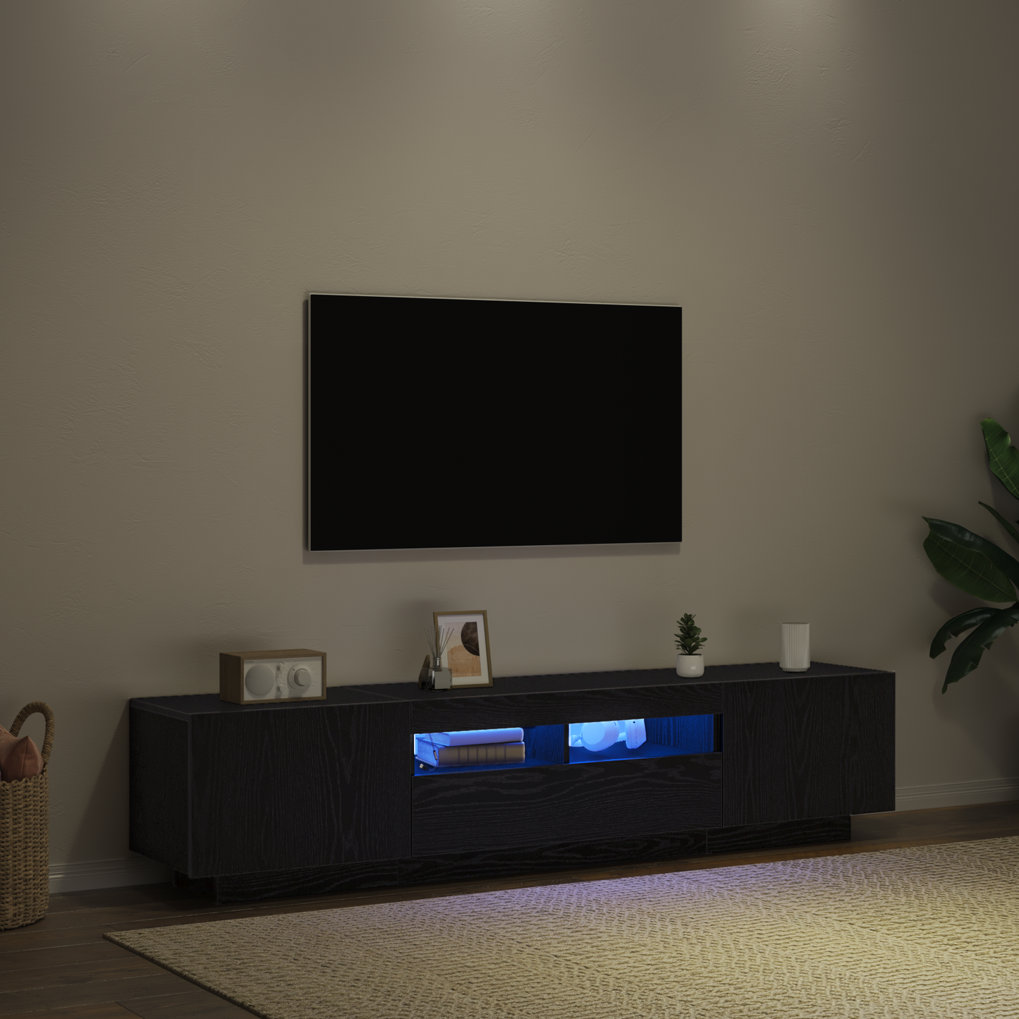 TV-Møbel Svart Eik TV-benk med LED-belysning,, 180x35x40 cm,