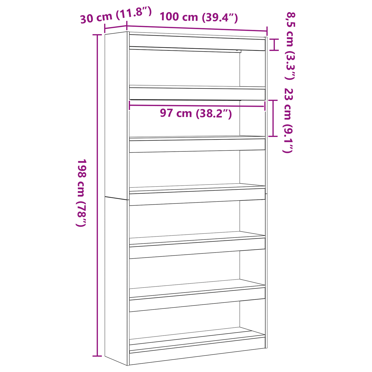 Bokhylle Svart Eik 100 x 30 x 198 cm Hylling