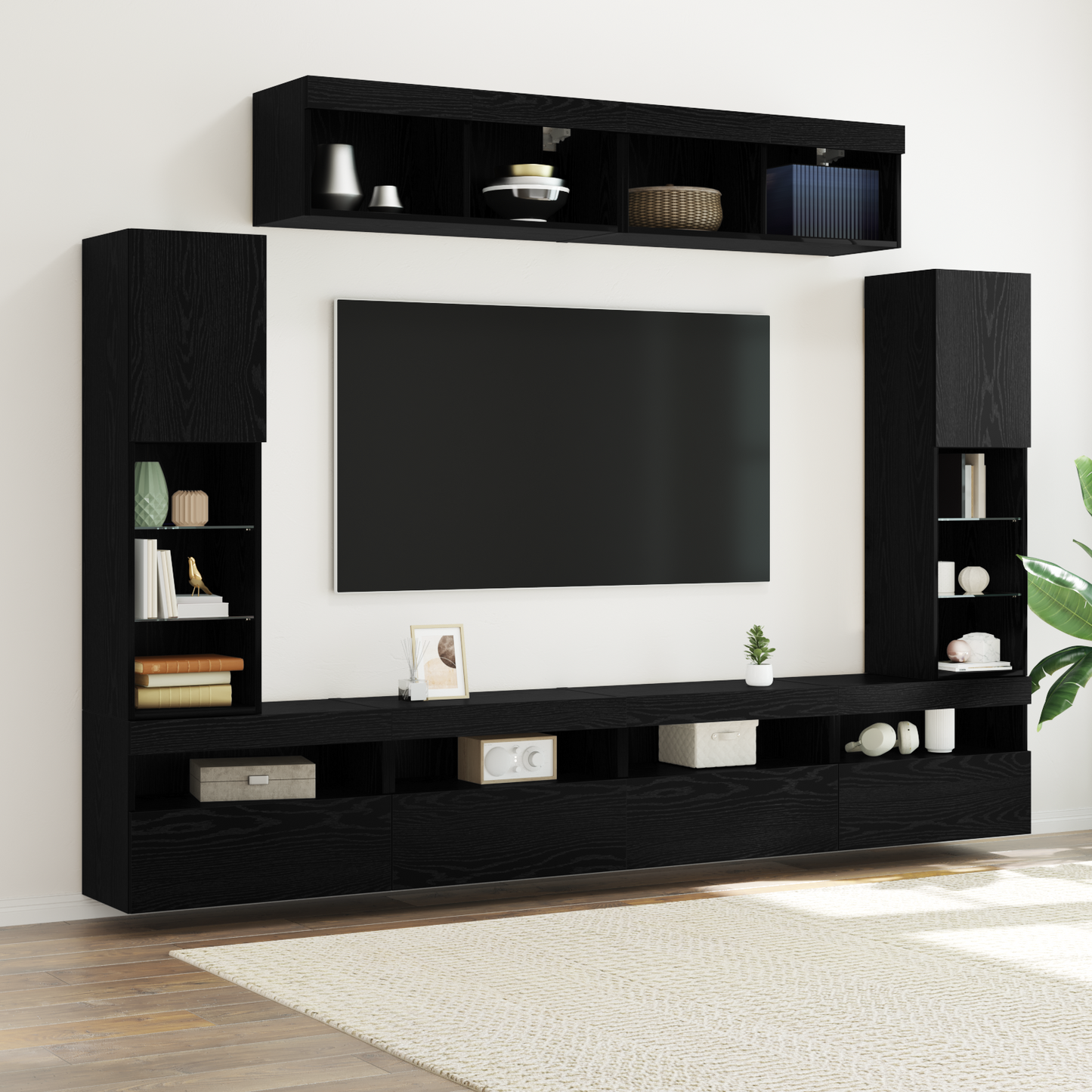 8-delt TV veggenhet med LED svart eik konstruert tre
