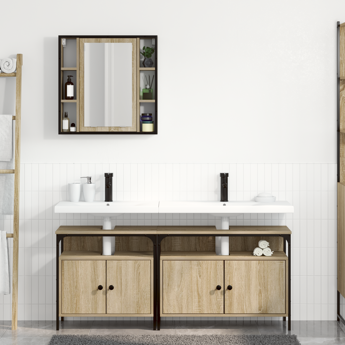 Baderomsmøbelsett Sonoma Eik med hylle Veggmontert dør med speil 3 st 80 x 30 x 60 cm