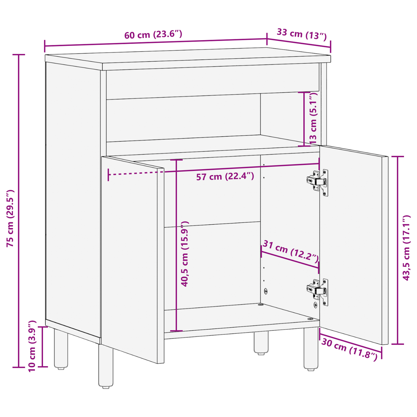 Skap Tre 60x33x75 cm Massivt Akasietre