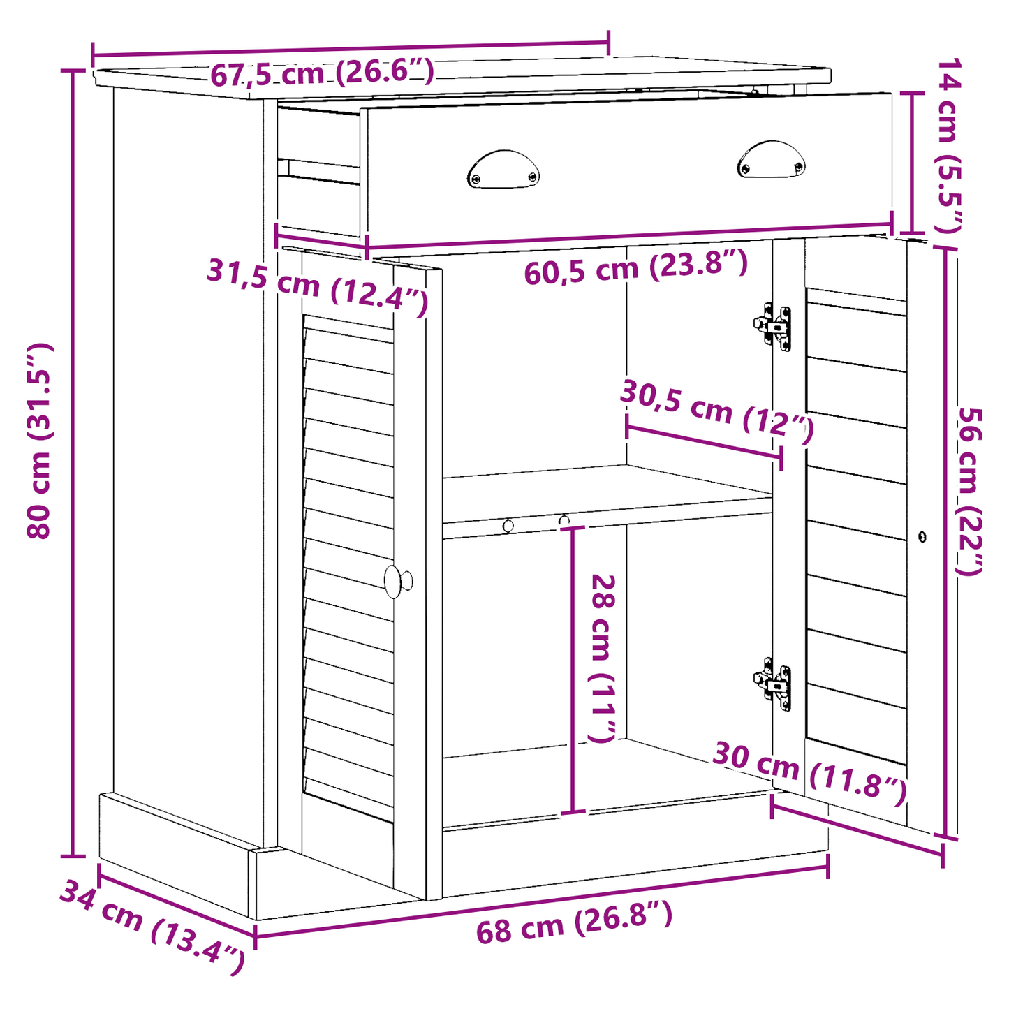 Baderomsskap honningbrun 68 x 34 x 80 cm Heltre furu