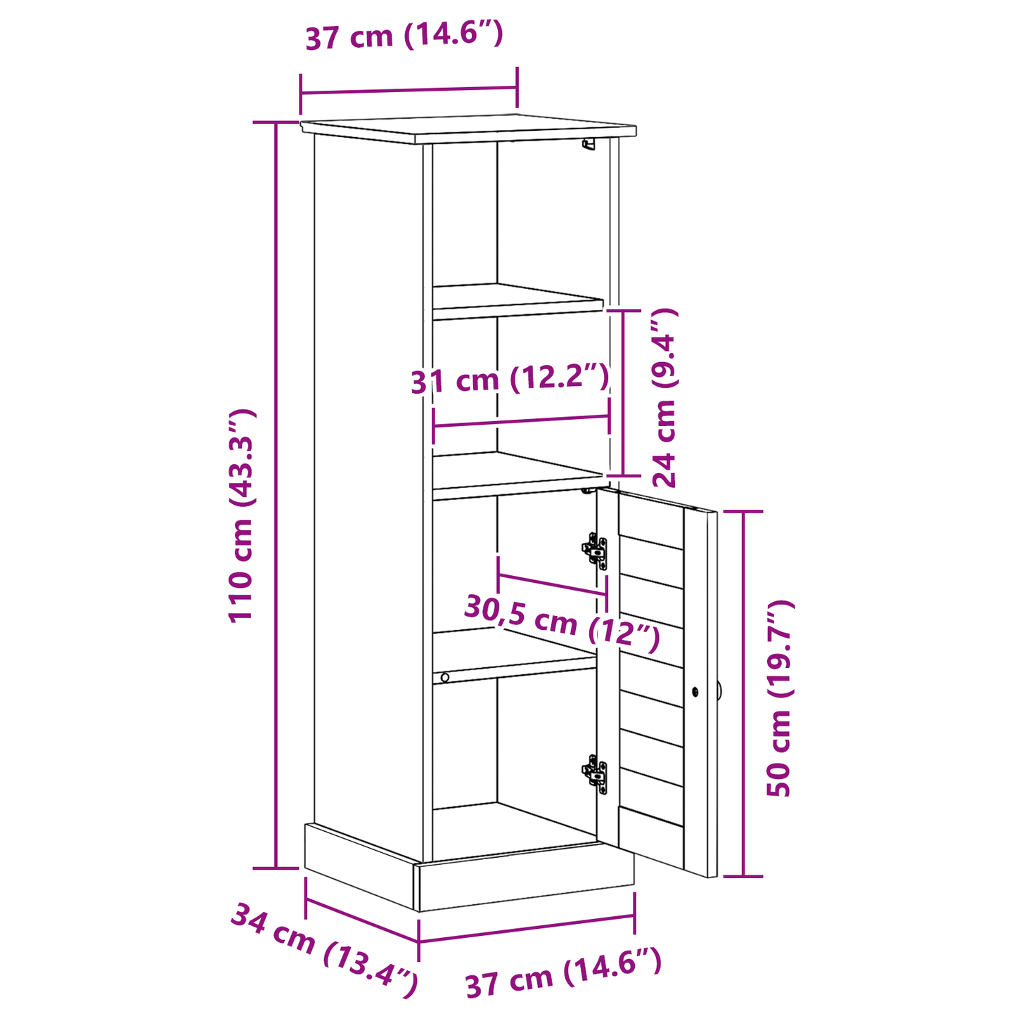 Baderomsskap honningbrun 37 x 34 x 110 cm Heltre furu