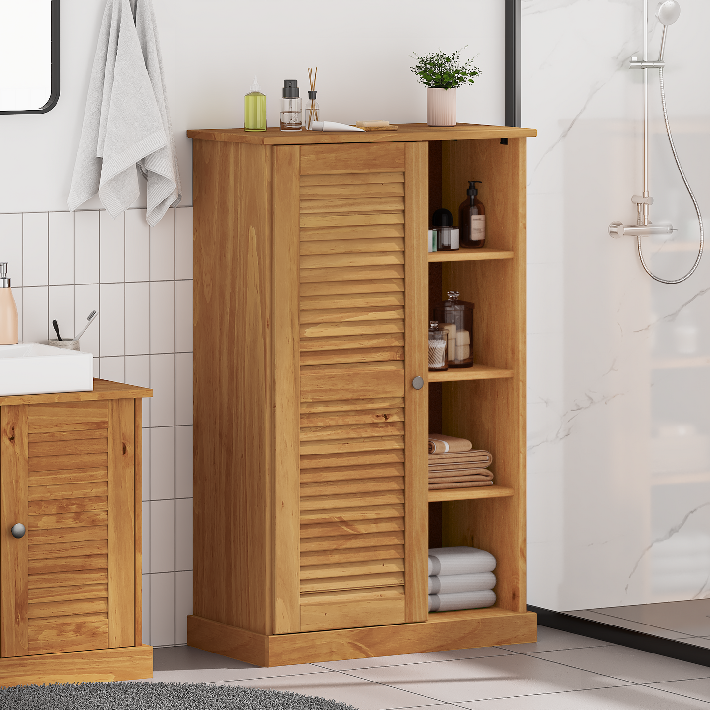 Baderomsskap honningbrun 68 x 34 x 110 cm Heltre furu