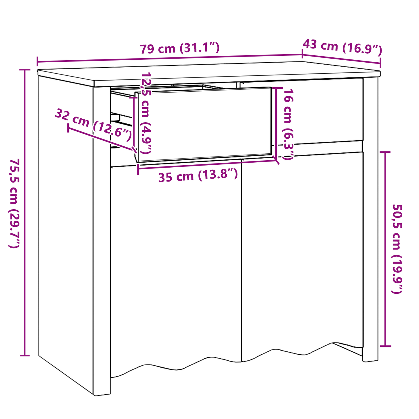 Skjenk Hvit "DRAMMEN" 79x43x75,5 cm Massivt Furu