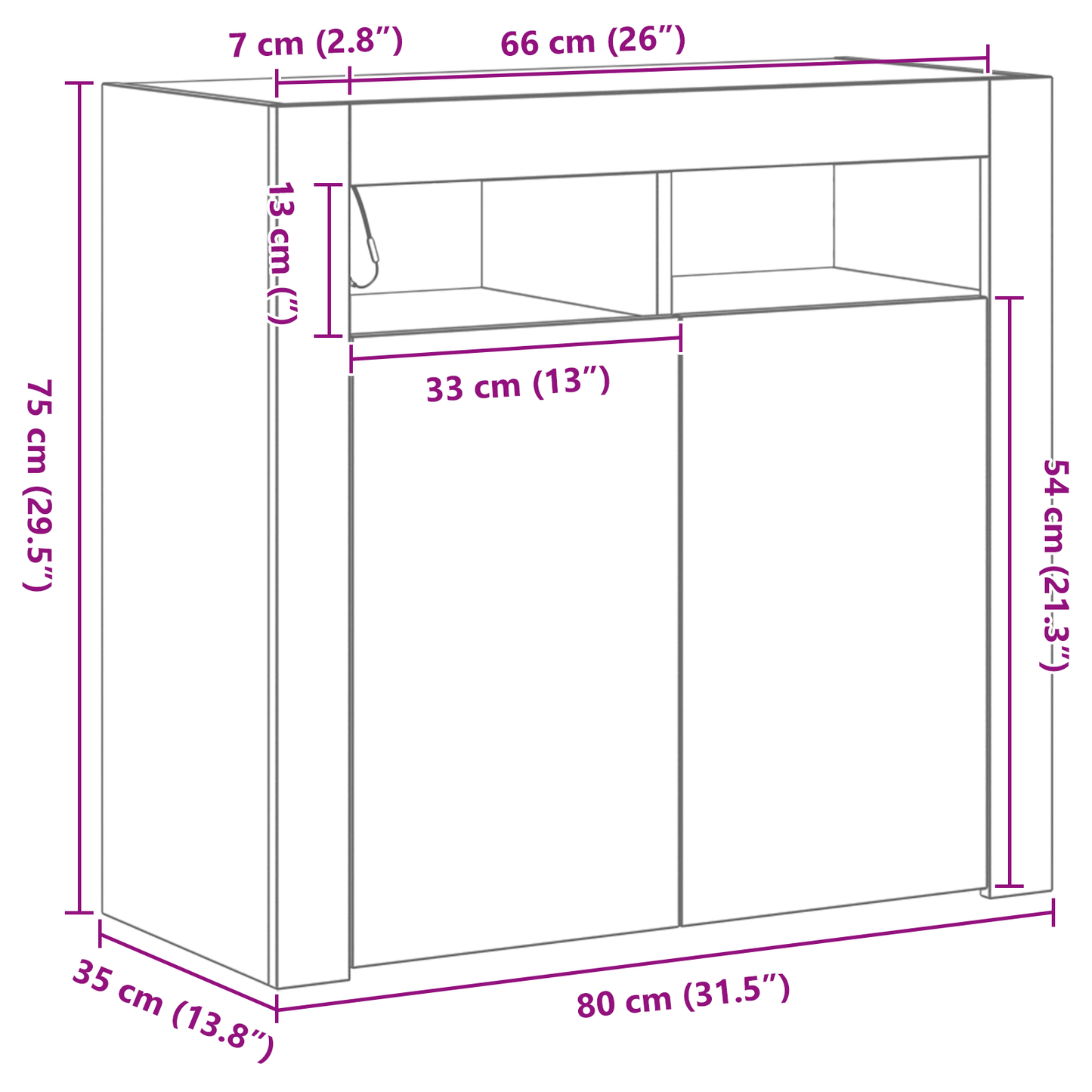 Skjenk Svart Eik med LED-lamper 80x35x75 cm,