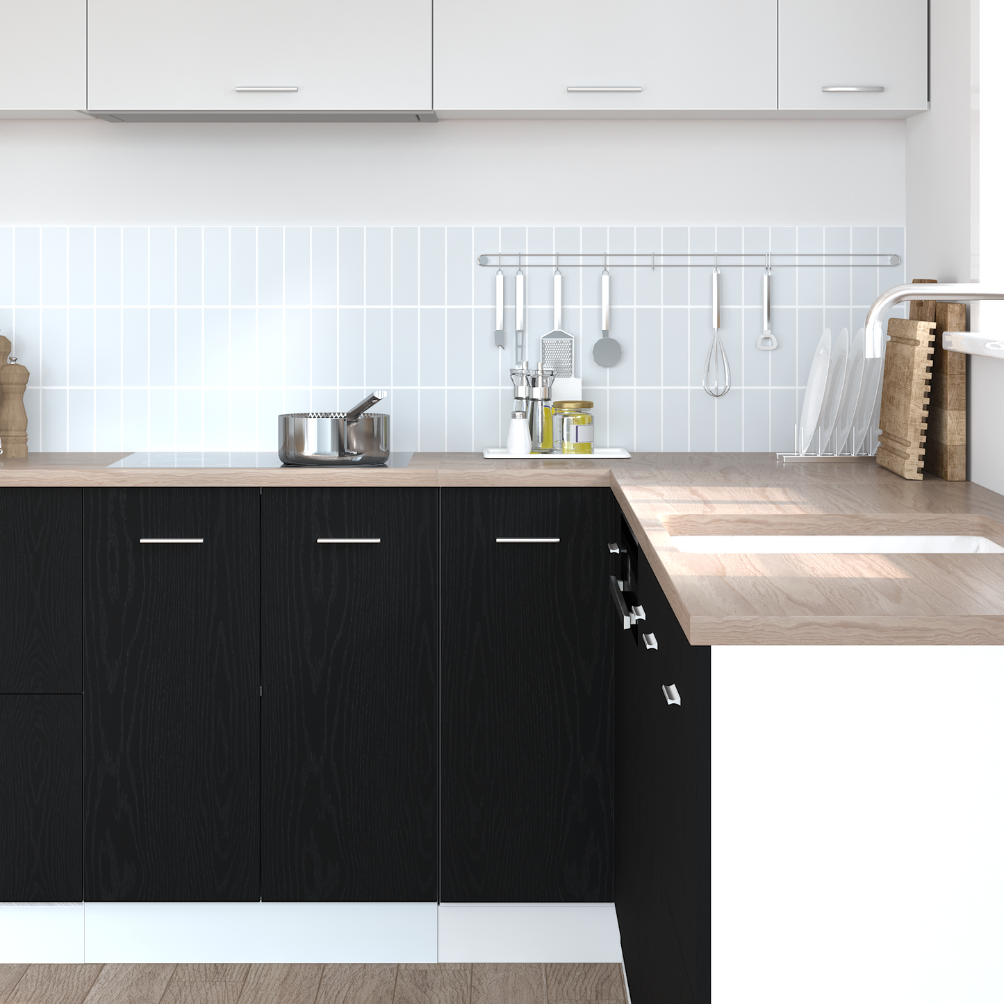 Svart Eik Hjørne Bunnskap - 75,5 x 75,5 x 81,5 cm, Laget av Konstruert Tre