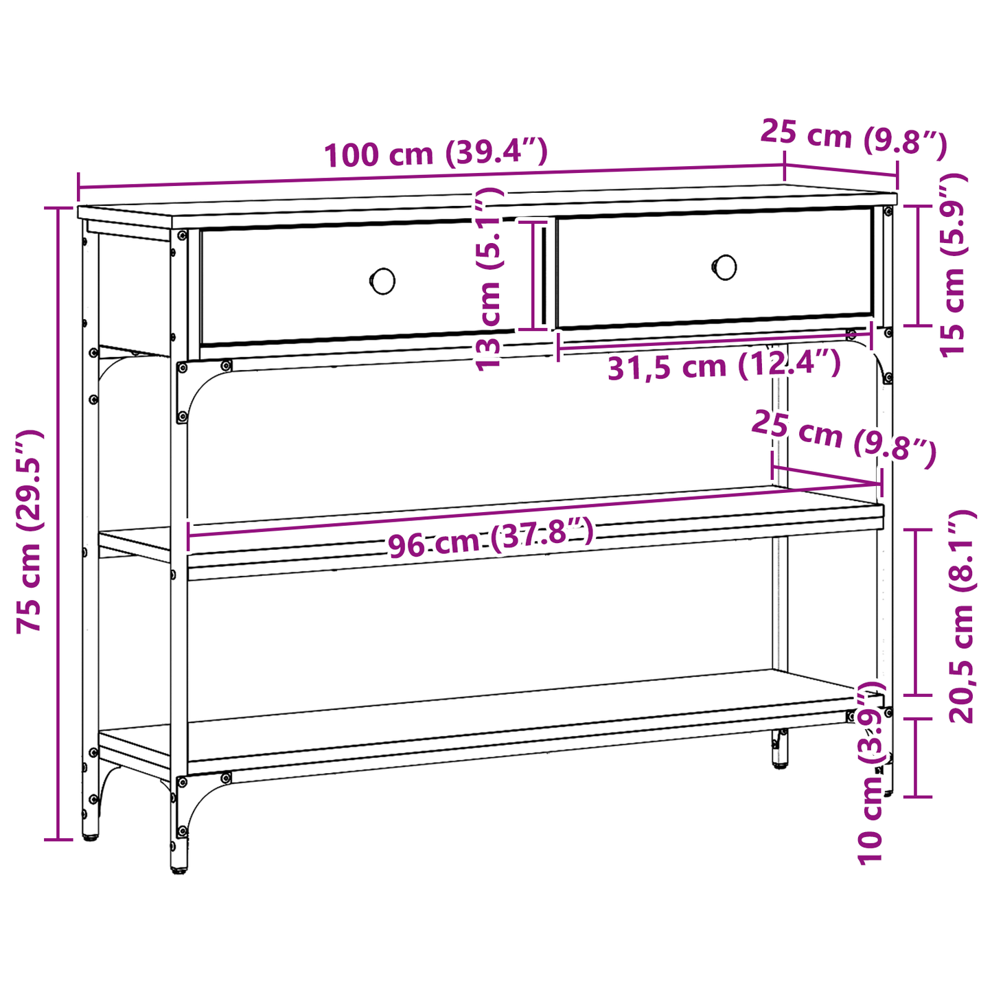 avlastningsbord Artisan Eik 100x25x75 cm Konstruert tre & stål