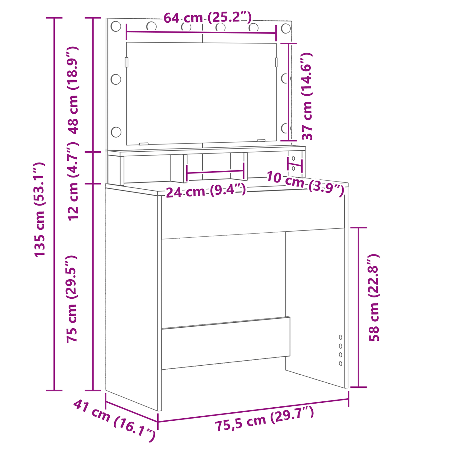 Smykkebord med LED-lamper Hvit 79x41x135 cm