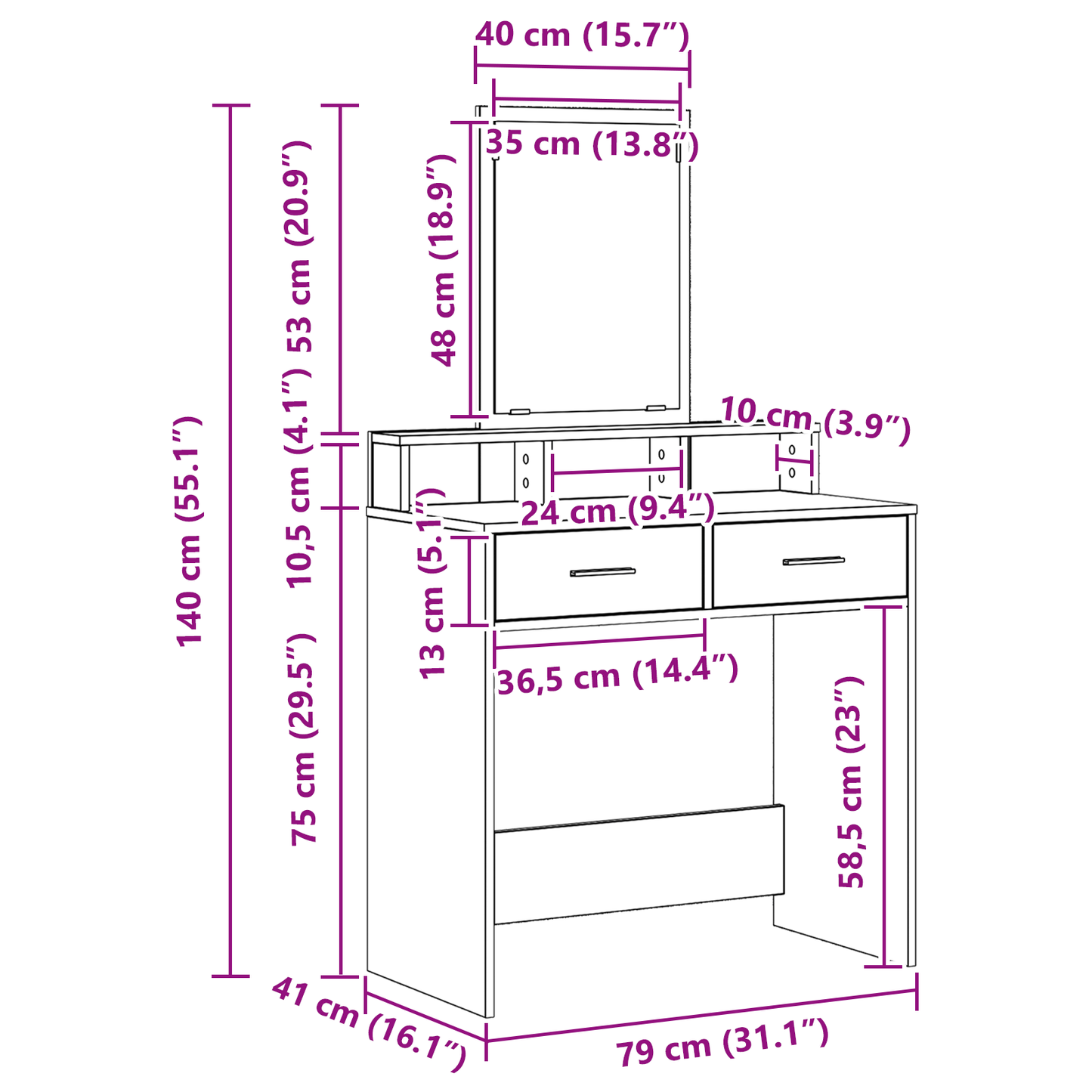 Smykkebord med skuffer, Gammelt tre, 79x41x140 cm