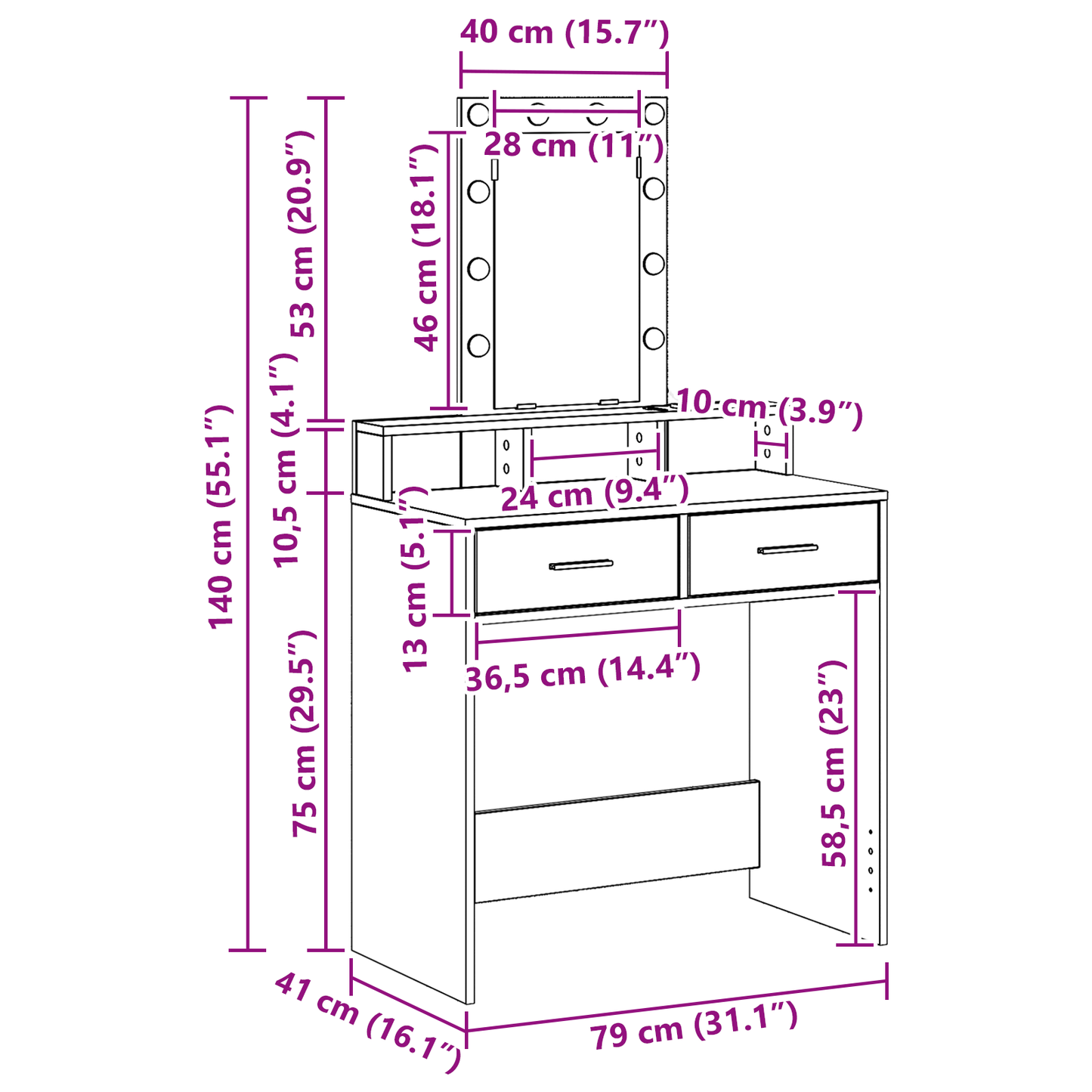 Sminkebord Artisan Eik LED 79x41x140 cm