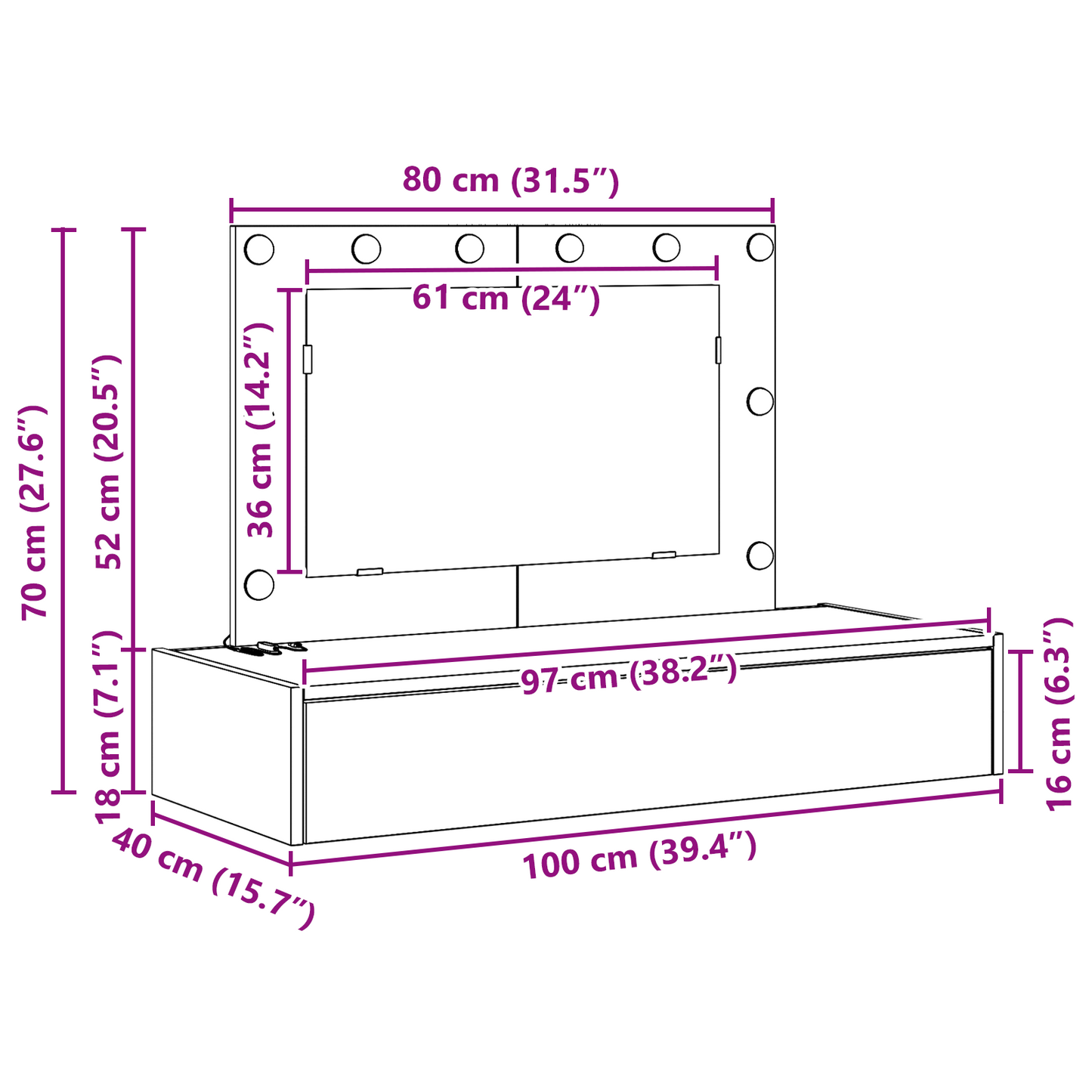 Sminkebord Hvit Vegghengt Dressing Bord LED